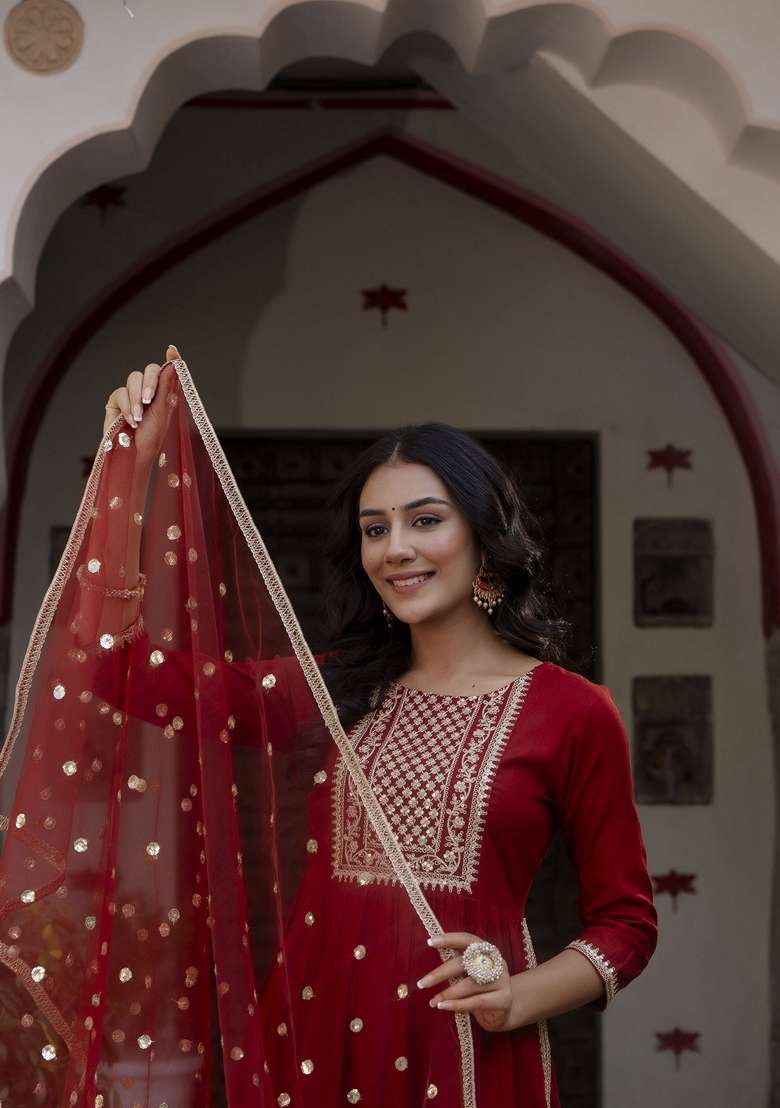 Maroon Embroidered Rayon Straight Kurta Set - Indya