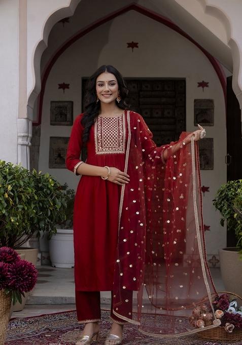 Maroon Embroidered Rayon Straight Kurta Set