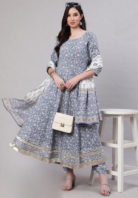 Grey Floral Print kurta and Blue Trousers Set