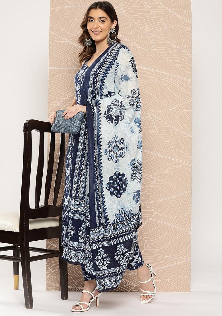 Blue Printed Pure Cotton Kurta Set - Indya