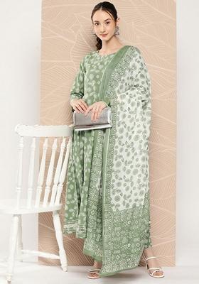 Green Floral Print Pure Cotton Anarkali Set