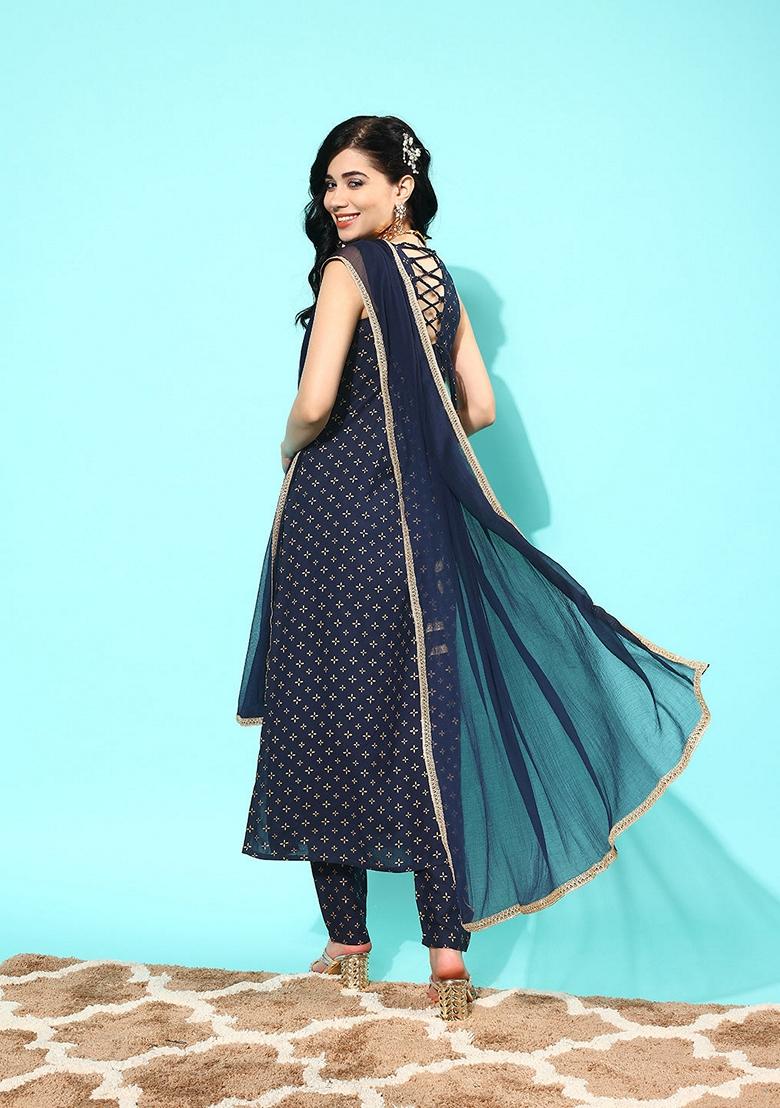 Navy Blue Printed Pure Cotton Kurta Set - Indya