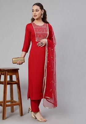 Red Embroidered Viscose Rayon Palazzo Set