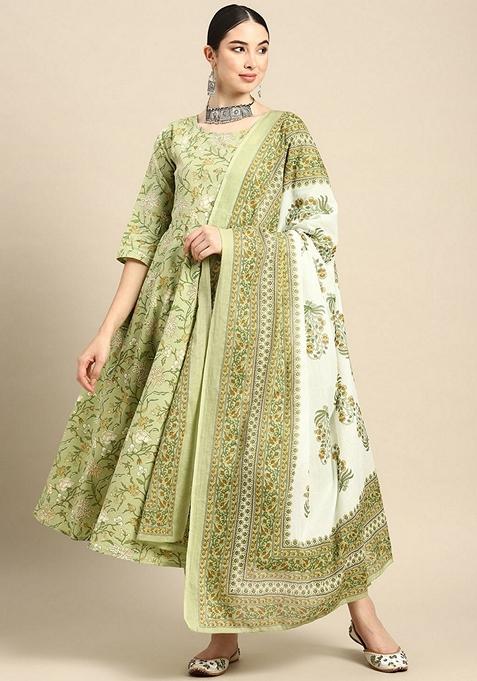 Green Floral Print Pure Cotton Anarkali Set