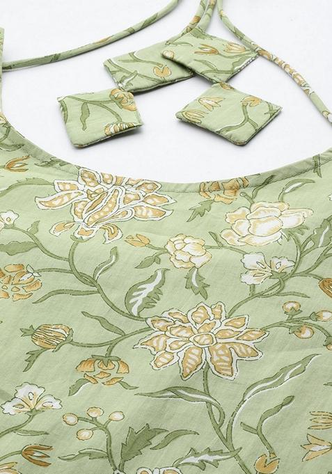 Green Floral Print Pure Cotton Anarkali Set