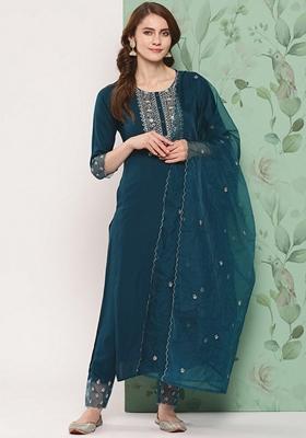 Teal Blue Embroidered Viscose Rayon Kurta Set