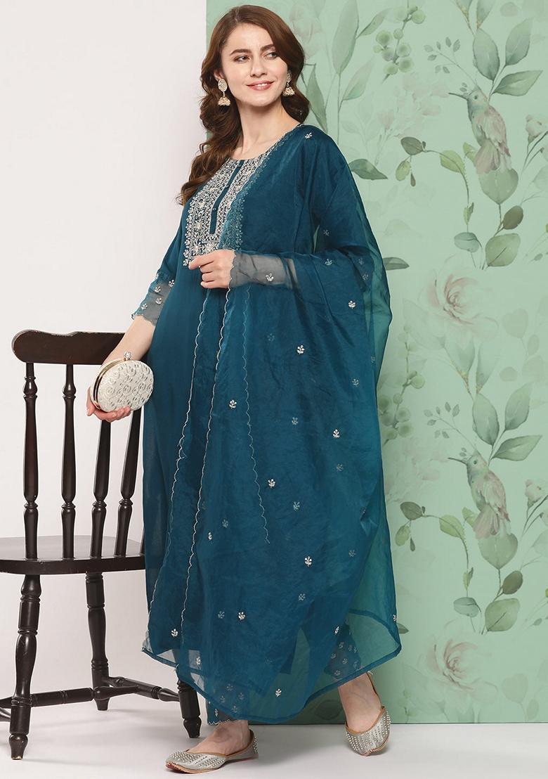 Teal Blue Embroidered Viscose Rayon Kurta Set