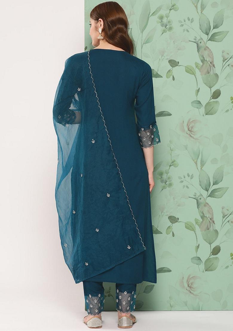 Teal Blue Embroidered Viscose Rayon Kurta Set