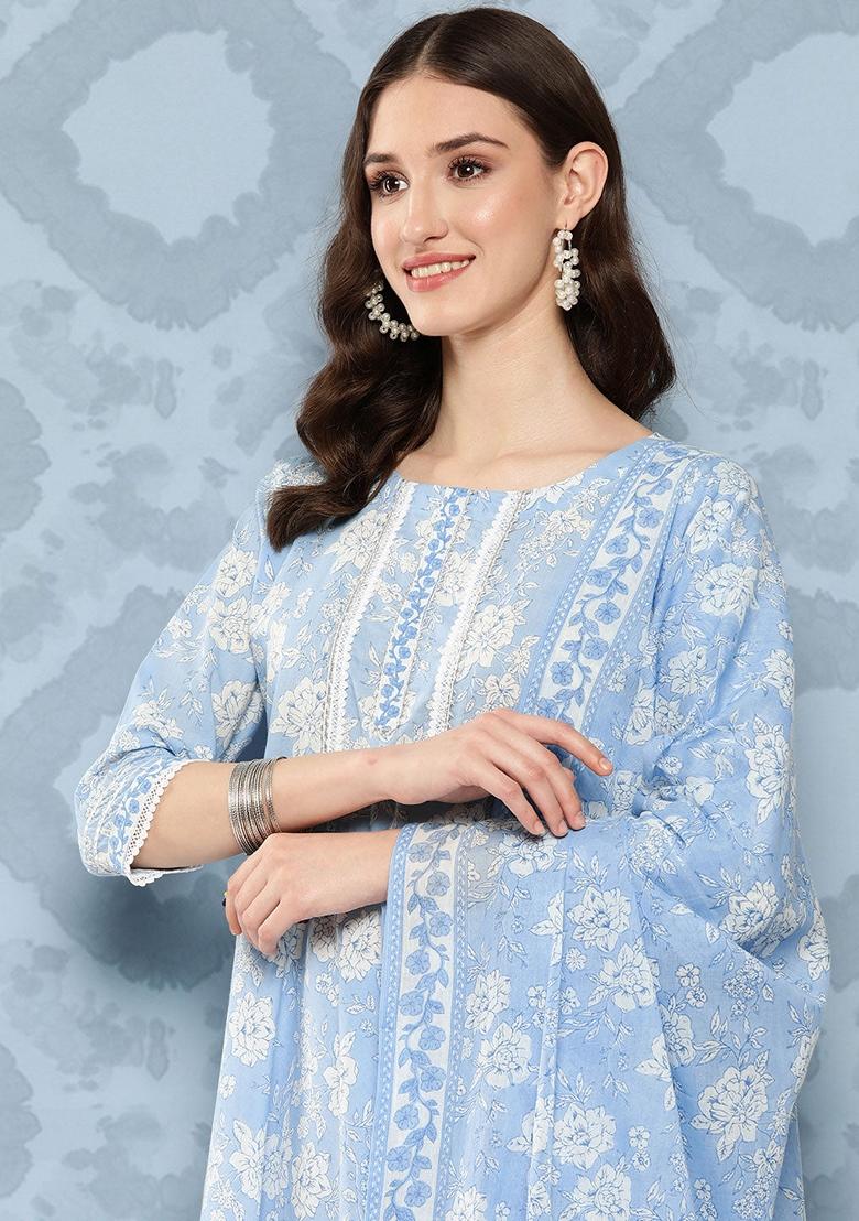 Blue Printed Pure Cotton Kurta Set - Indya