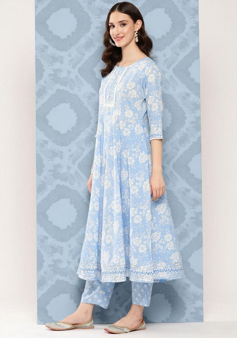 Blue Printed Pure Cotton Kurta Set - Indya