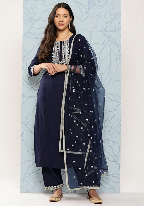Navy Blue Embroidered Viscose Rayon Palazzo Set