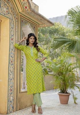 Green Printed Pure Cotton Kurta Set