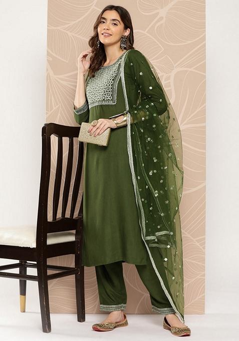 Green Embroidered Viscose Rayon Palazzo Set