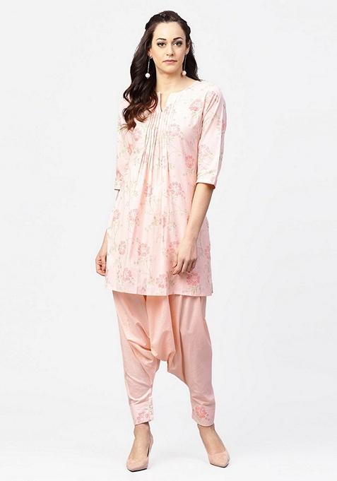 Peach Printed Pure Cotton Kurta Set