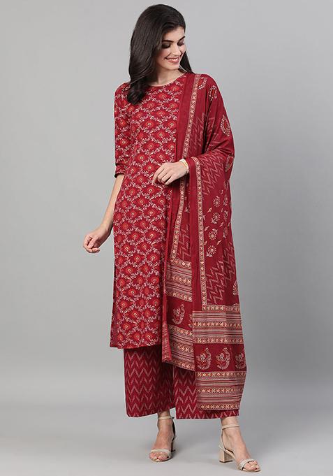 Burgundy Printed Pure Cotton Palazzo Set