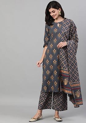 Grey Printed Cotton Palazzo Set