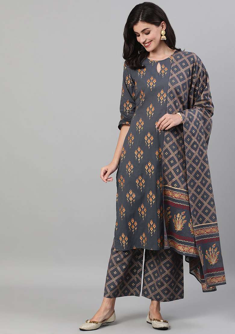 Grey Printed Cotton Straight Kurta Set - Indya