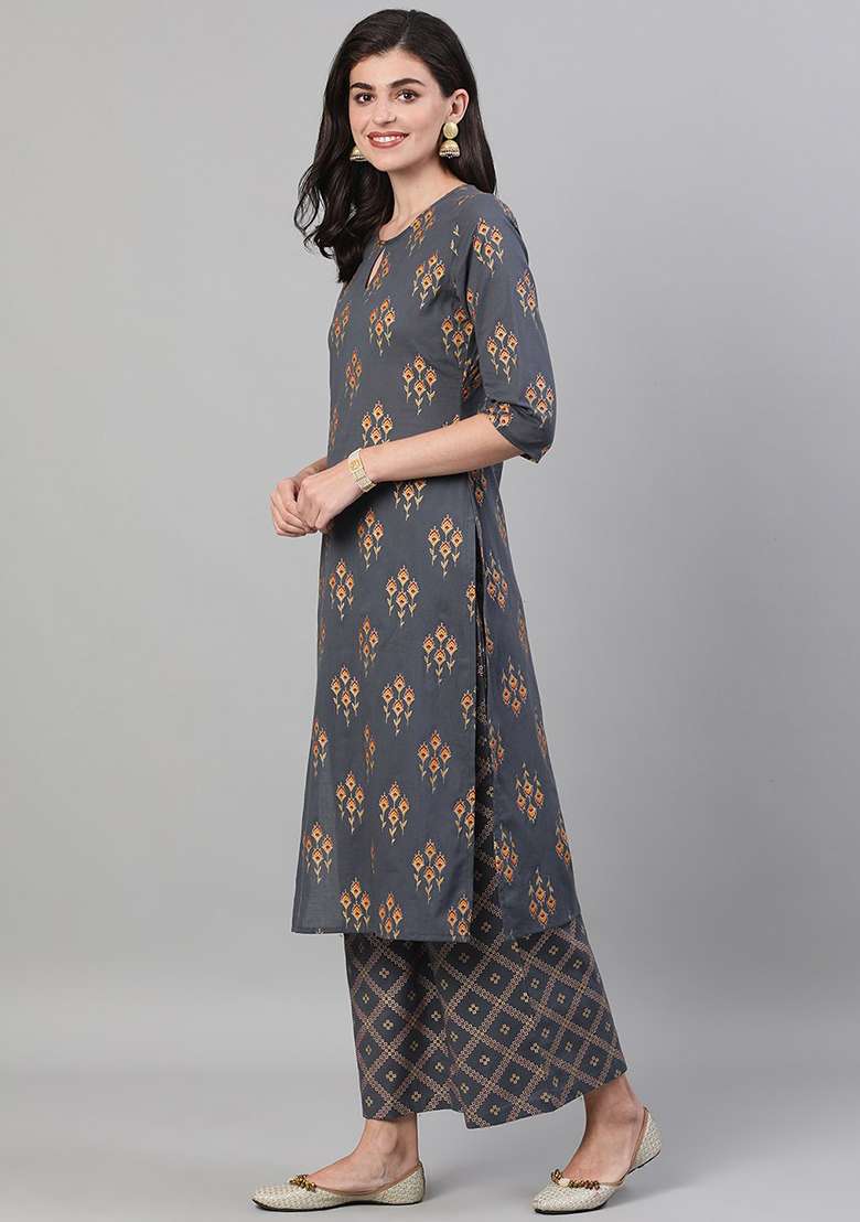 Grey Printed Cotton Straight Kurta Set - Indya