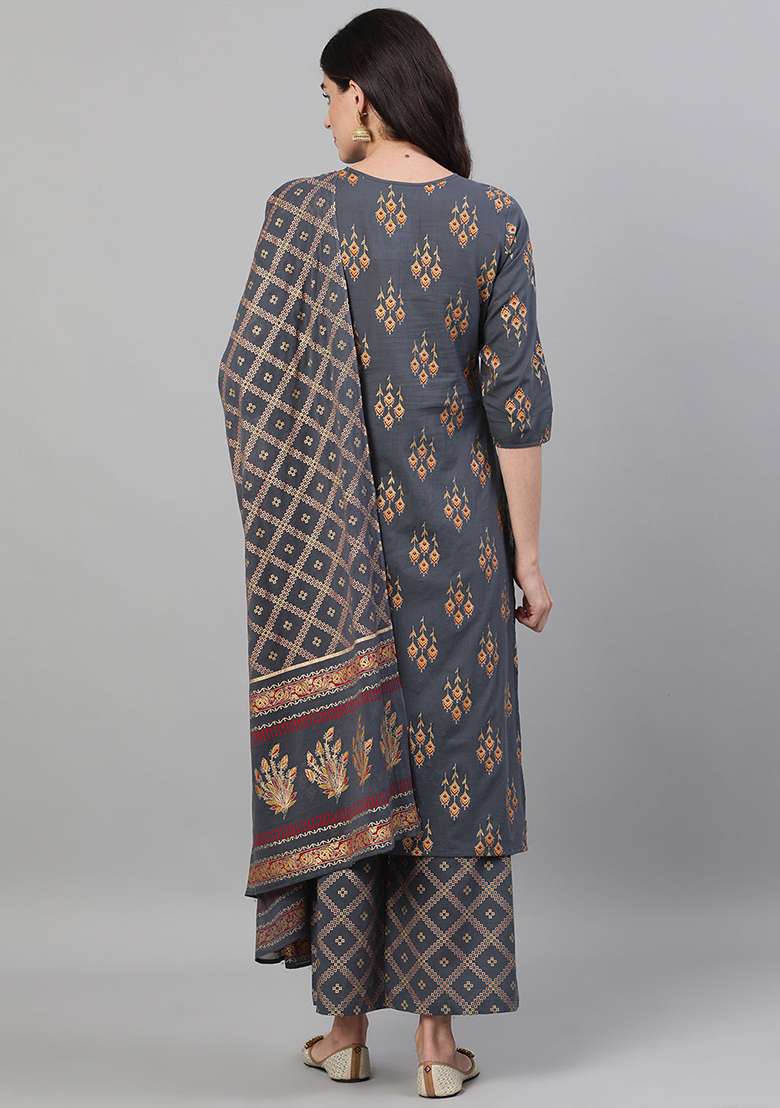 Grey Printed Cotton Straight Kurta Set - Indya