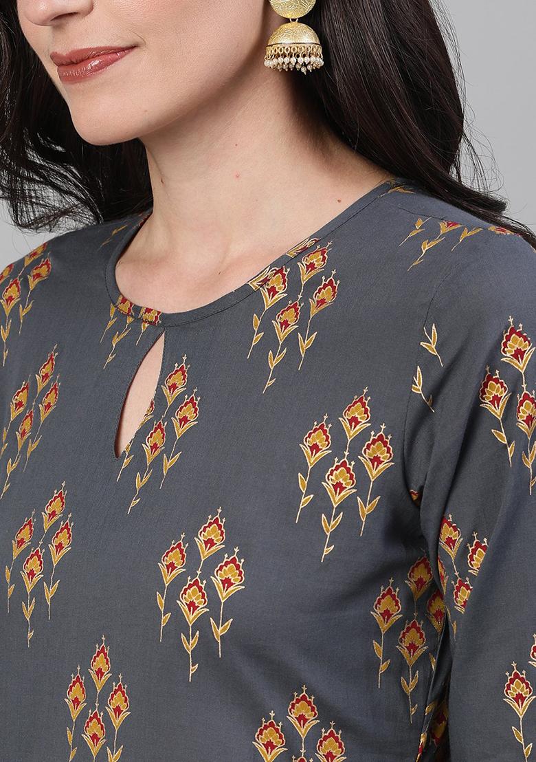 Grey Printed Cotton Palazzo Set - Indya