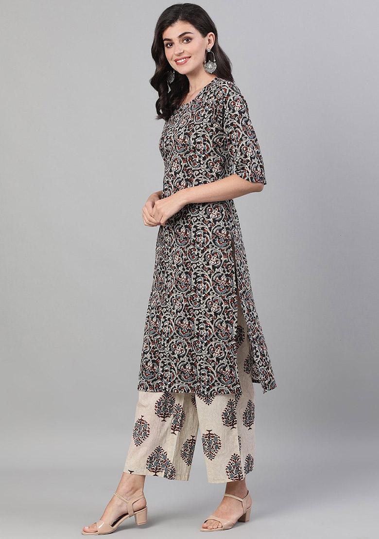 Black Printed Pure Cotton Palazzo Set - Indya