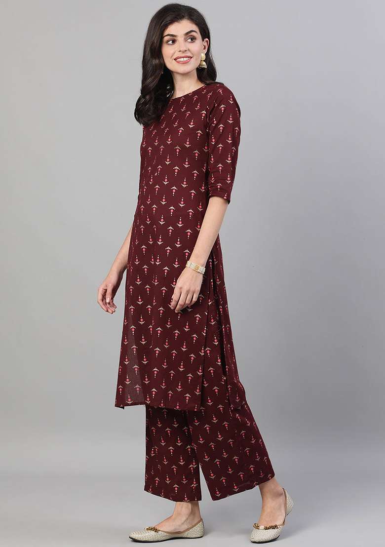 Wine Printed Cotton Straight Kurta Set - Indya