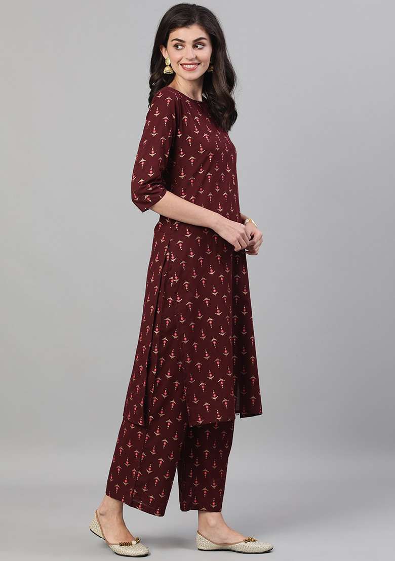 Wine Printed Cotton Straight Kurta Set - Indya