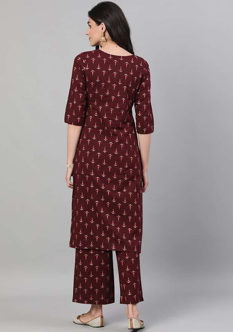 Wine Printed Cotton Straight Kurta Set - Indya