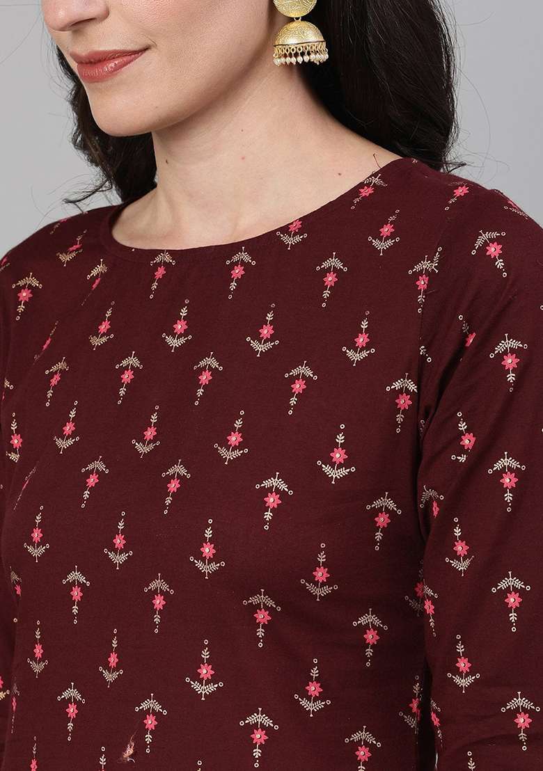 Wine Printed Cotton Straight Kurta Set - Indya