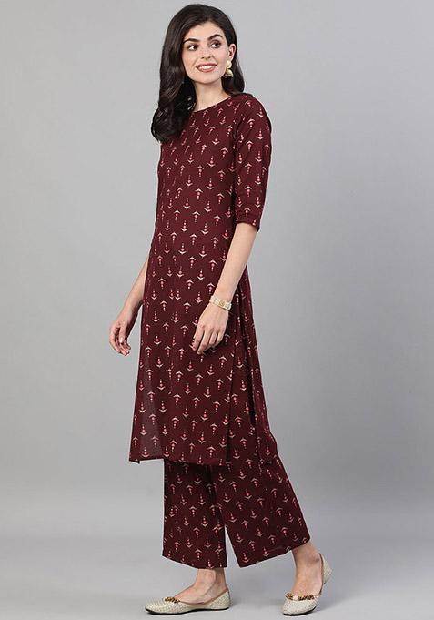 Wine Printed Pure Cotton Palazzo Set