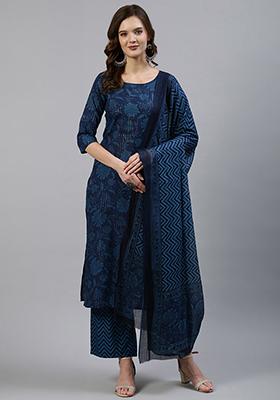 Indigo Blue Floral Print Pure Cotton Palazzo Set