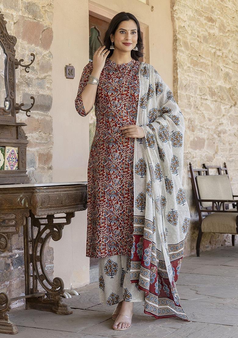 Maroon Printed Pure Cotton Palazzo Set - Indya