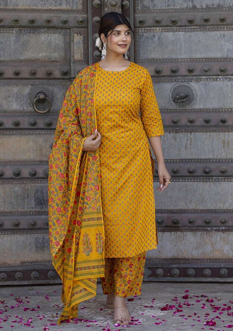 Mustard Printed Cotton Straight Kurta Set - Indya