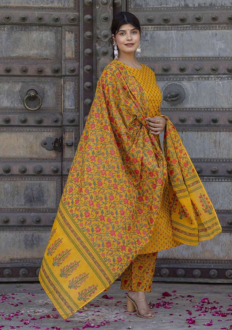 Mustard Printed Cotton Straight Kurta Set - Indya