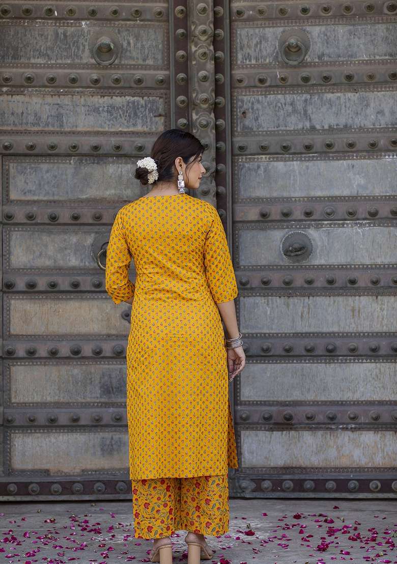 Mustard Printed Cotton Straight Kurta Set - Indya
