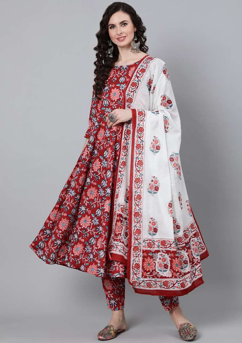 Red Floral Print Cotton Anarkali Set - Indya