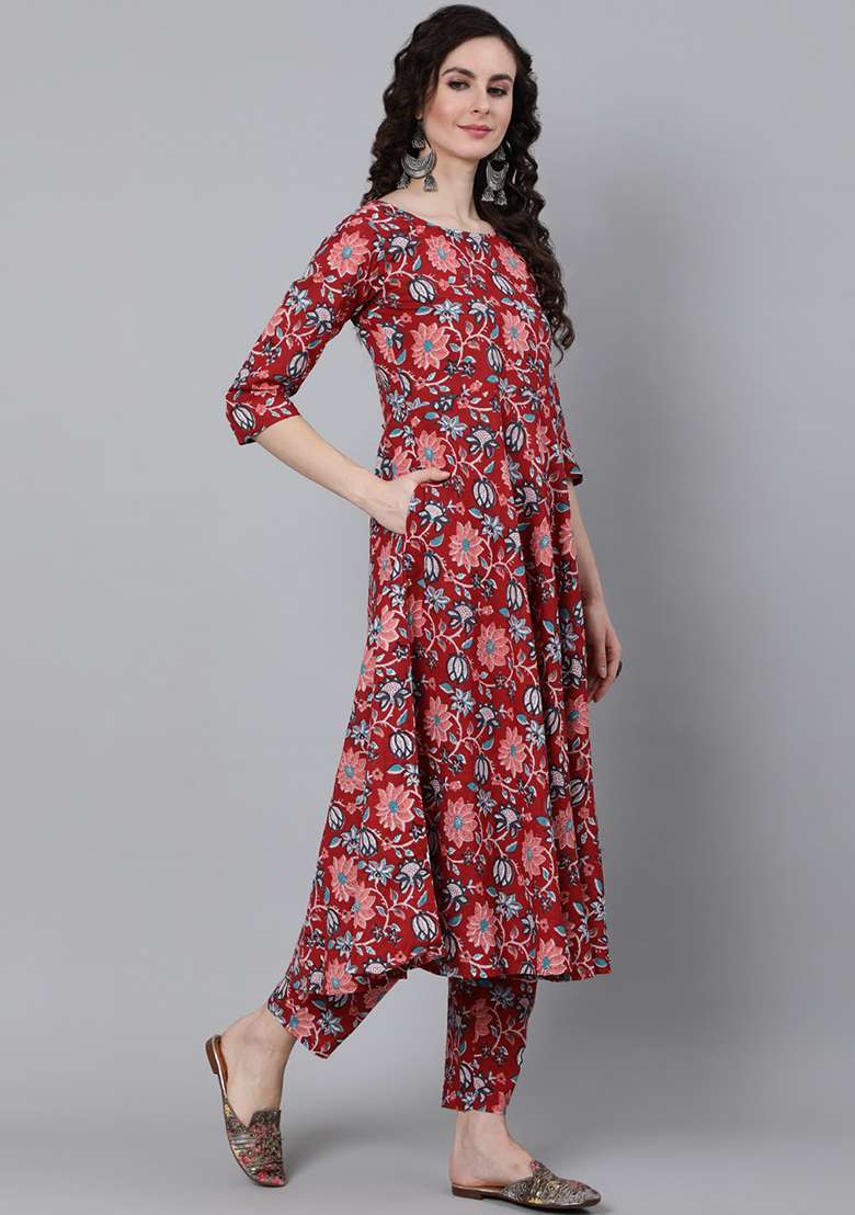 Red Floral Print Cotton Anarkali Set - Indya