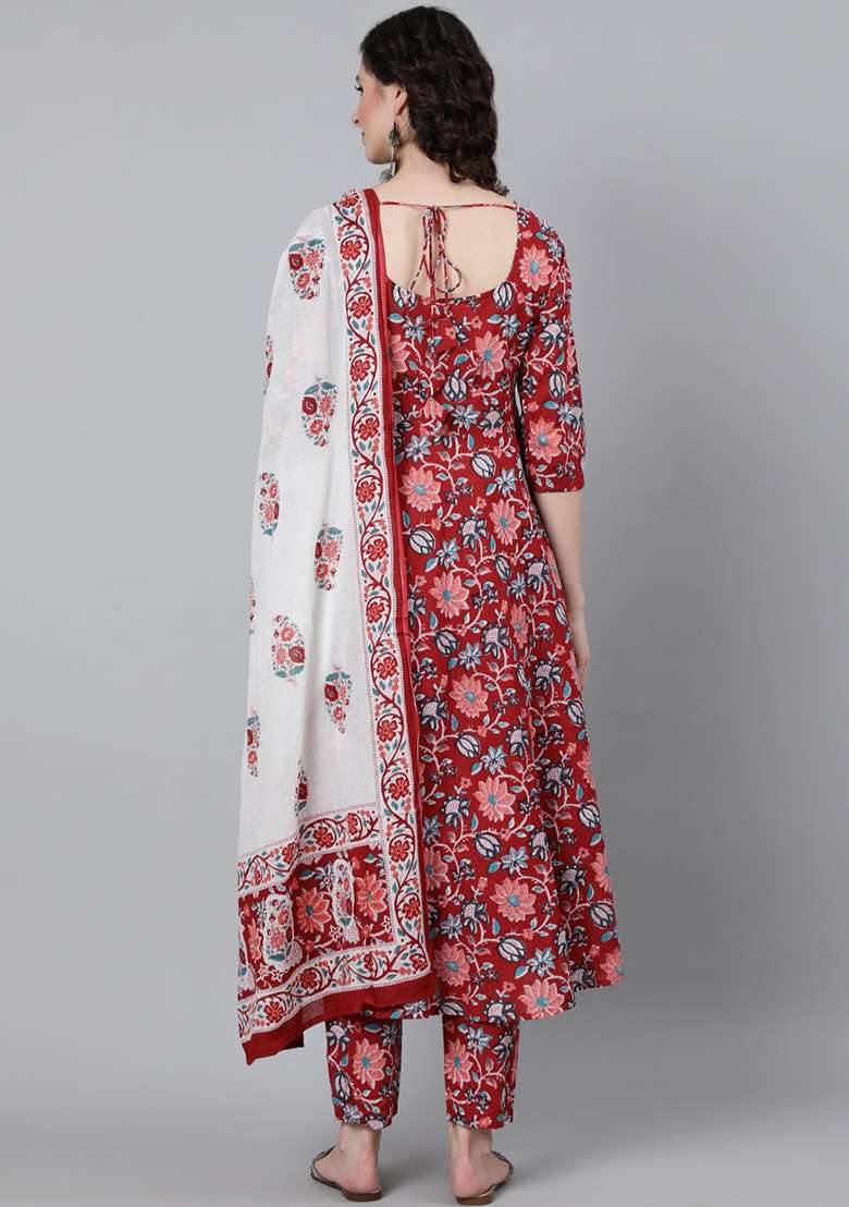 Red Floral Print Cotton Anarkali Set - Indya