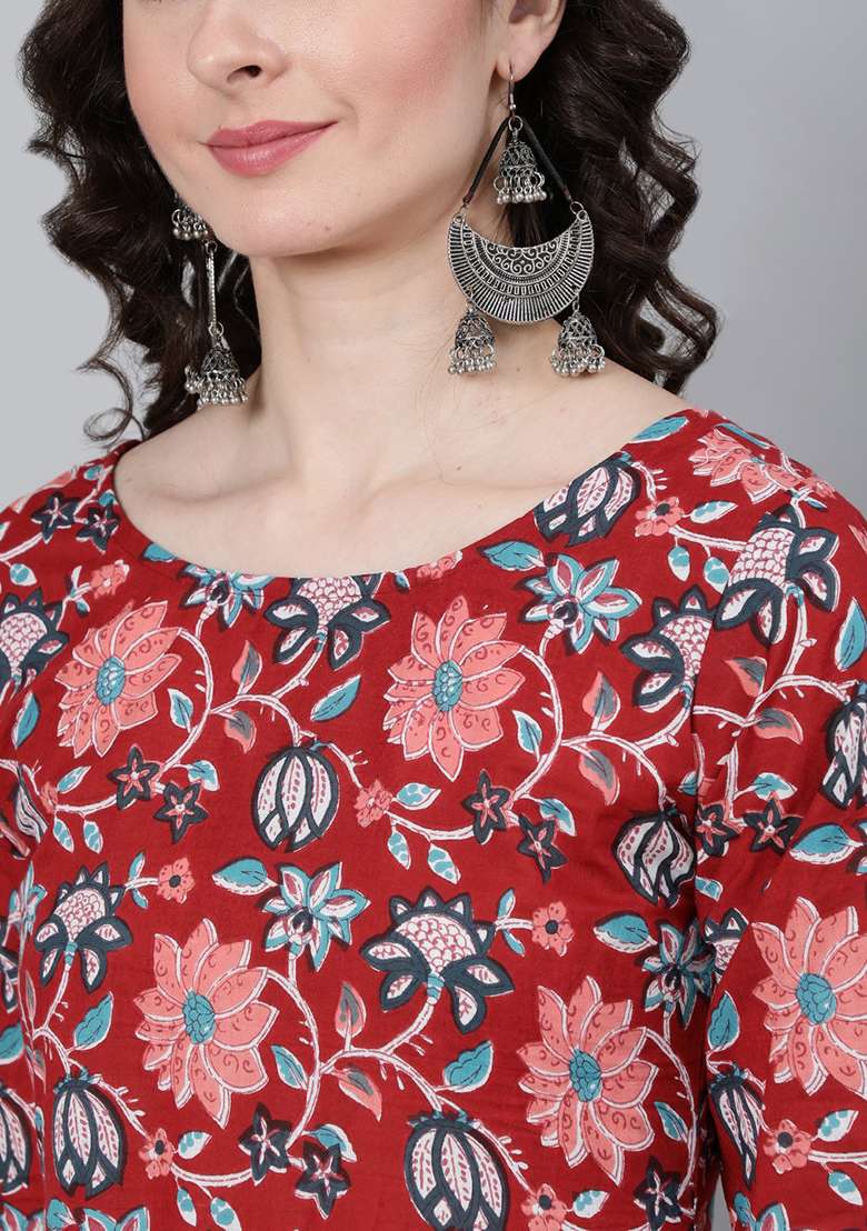 Red Floral Print Cotton Anarkali Set - Indya