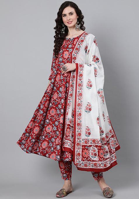 Red Floral Print Pure Cotton Kurta Set