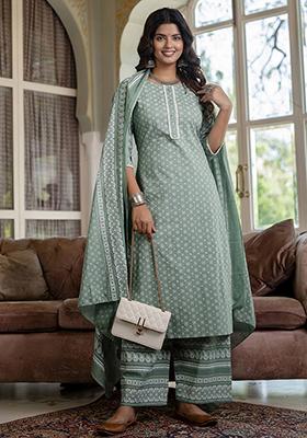 Green Floral Print Pure Cotton Palazzo Set