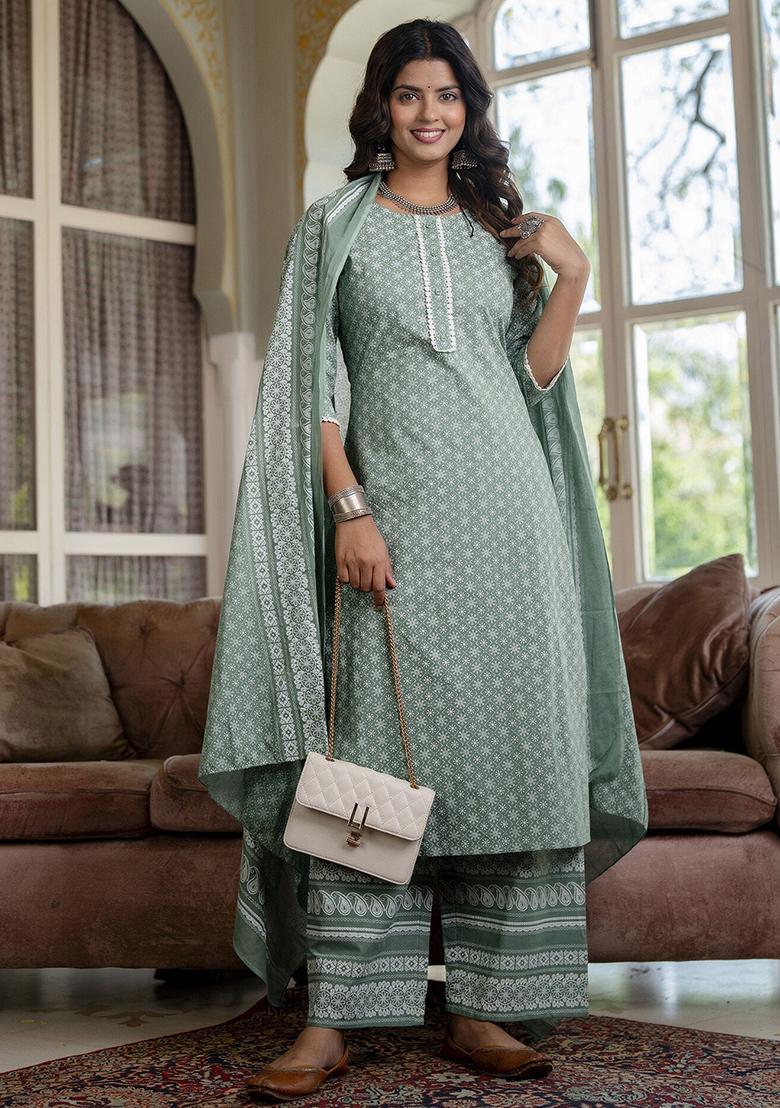 Green Floral Print Pure Cotton Palazzo Set