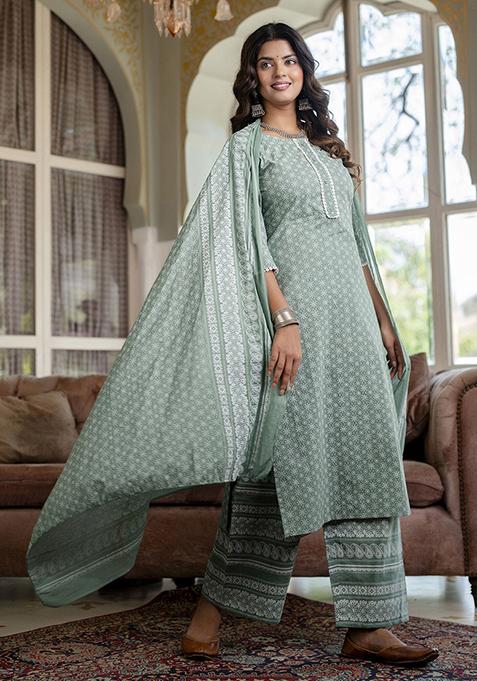 Green Floral Print Pure Cotton Palazzo Set