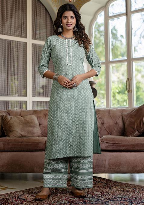Green Floral Print Pure Cotton Palazzo Set