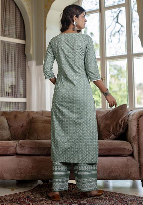 Green Floral Print Pure Cotton Palazzo Set