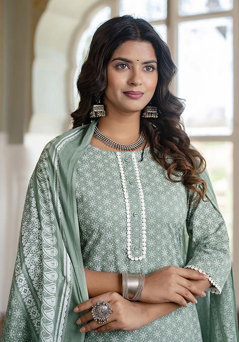 Green Floral Print Pure Cotton Palazzo Set