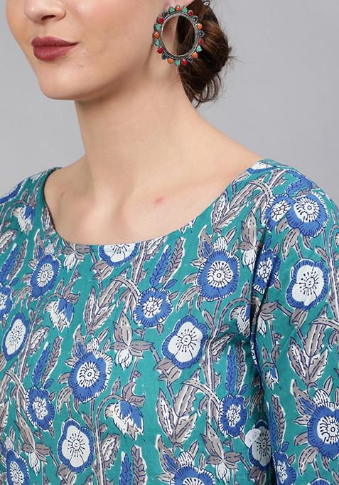 Blue Foil Printed Tape Embroidered Straight Pure Cotton Kurta and Palazzo Co-ord Set