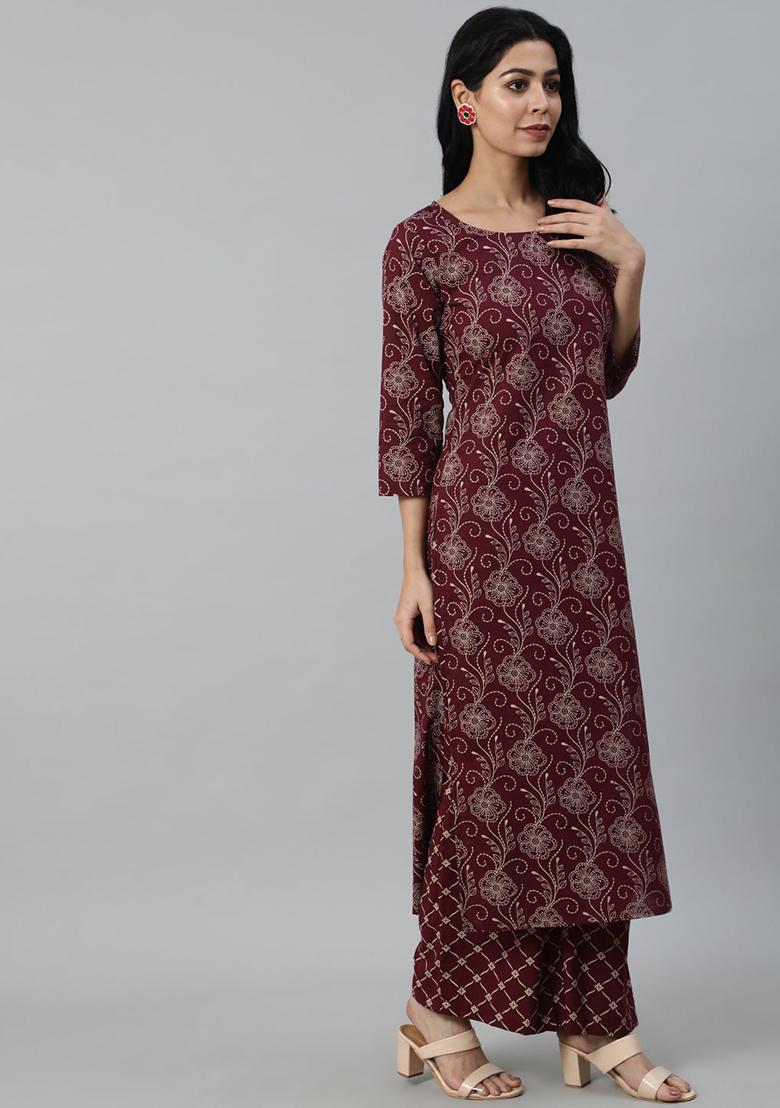 Burgundy Printed Pure Cotton Palazzo Set - Indya
