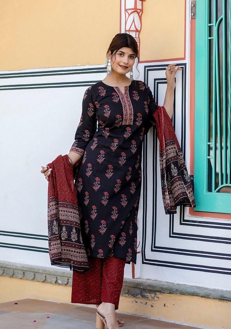 Black Floral Print Pure Cotton Palazzo Set