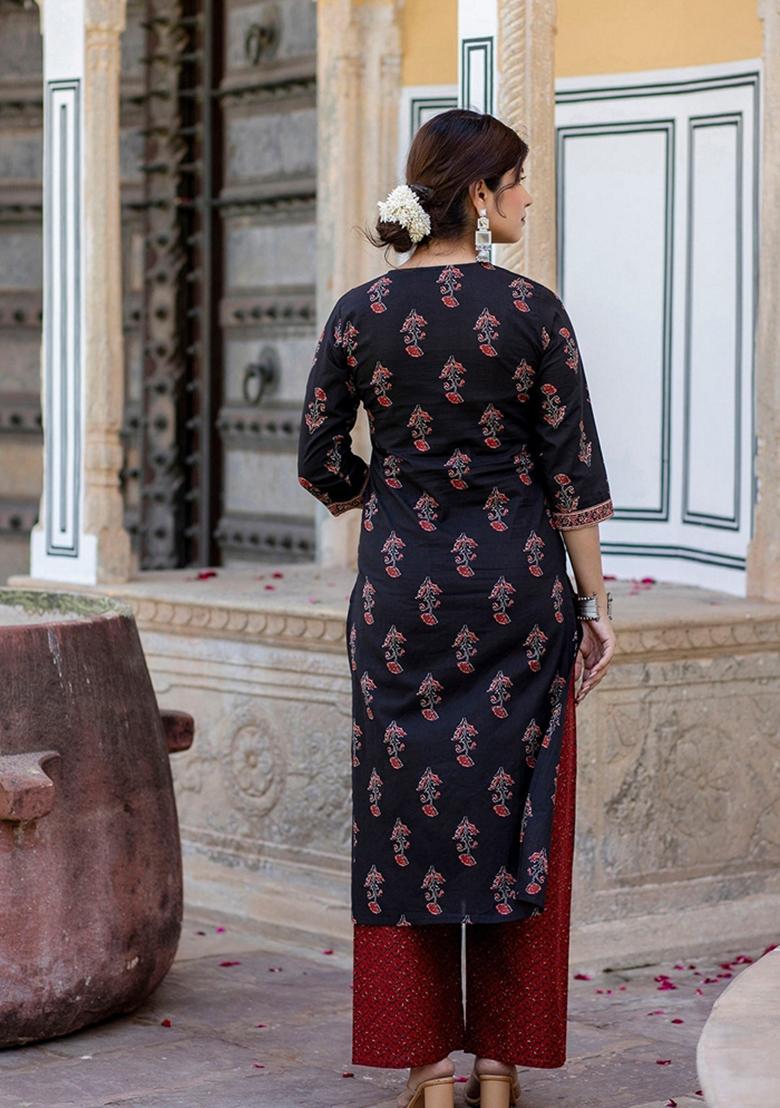 Black Floral Print Pure Cotton Palazzo Set